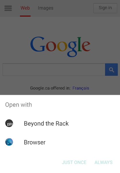 Android Intent 用于打开具有特定 URL 的应用程序。在这种情况下，www.beyondtherack.com。