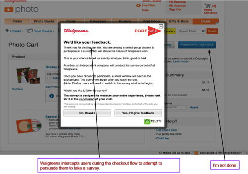 Walgreens 웹 사이트에서 사용자에게 설문 조사를 요청하는 온라인 가로채기의 예