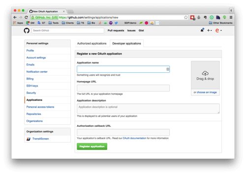 GitHubの新しいアプリケーション登録ページ