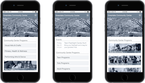 Versões alternativas da tela inicial móvel do Green Lake Community Center