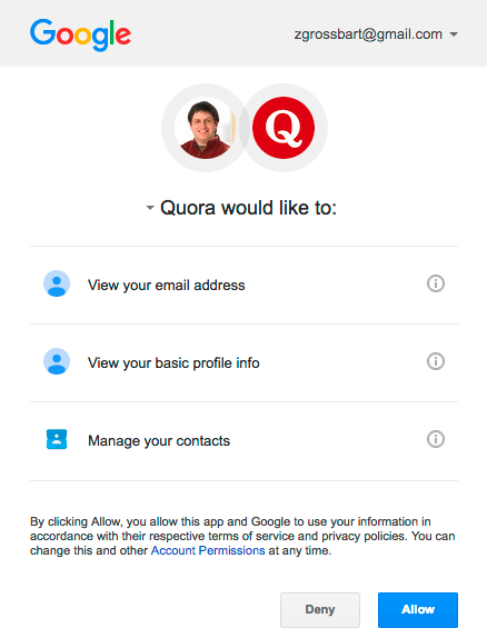 Google Quora OAuth2 süreci için 2. adım iletişim kutusu