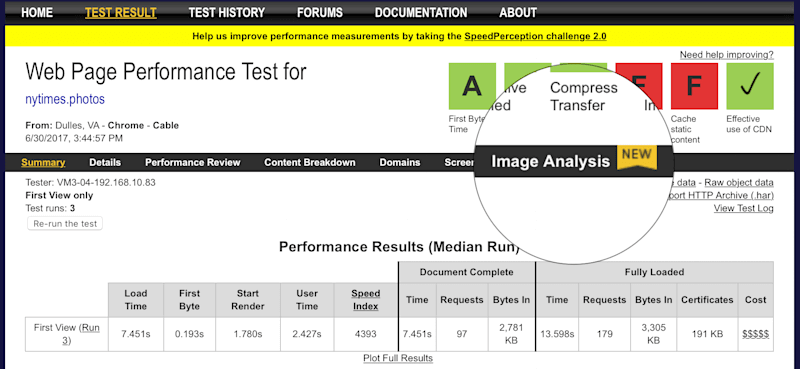 Zrzut ekranu nowej zakładki Analizuj obrazy w WebPagetest