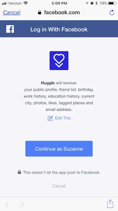 يتيح Huggle تسجيل الدخول إلى Facebook.