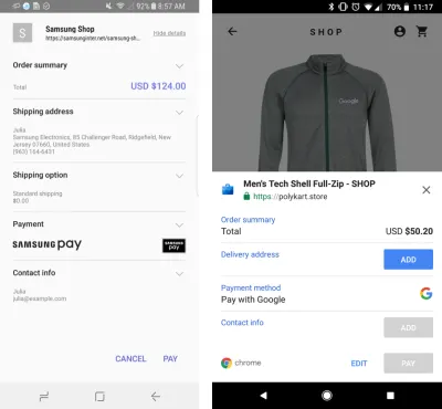 Przykłady żądań płatności obsługujących Samsung Pay i Pay with Google