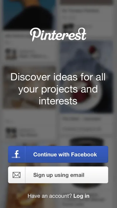 Pinterest prosi użytkowników o utworzenie nowego konta lub zalogowanie się przy pierwszym załadowaniu.