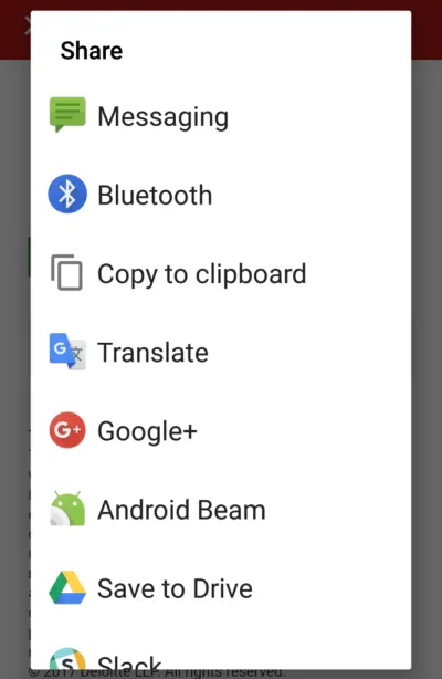 Zrzut ekranu menu udostępniania na Androidzie z opcjami udostępniania przez Wiadomości, Bluetooth, Kopiuj do schowka i tak dalej.