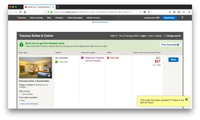 Screenshot von der Website des Hotels mit einer aggressiven Benachrichtigung, die besagt: „Dieses Hotel wurde in den letzten 24 Stunden 57 Mal gebucht“.