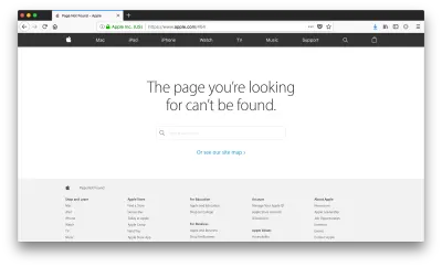 Die 404-Seite von Apple bietet einen Ausweg über die Suche und einen Link zur Sitemap der Website.