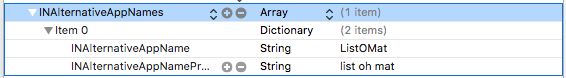 Ein Screenshot von Xcode, der zeigt, dass die App-Liste alternative App-Namen und Aussprachen hinzufügen kann