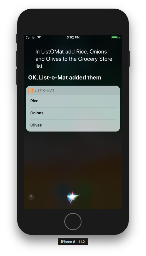 Ein Screenshot des Simulators, der zeigt, wie Siri Artikel zur Lebensmittelgeschäftliste hinzufügt