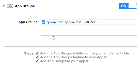 Ein Screenshot des Berechtigungsbildschirms von Xcode, der die App-Gruppe zeigt, ist aktiviert und konfiguriert