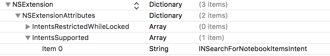 Ein Screenshot in Xcode, der zeigt, dass die Erweiterungsliste die Absichten auflisten sollte, die sie verarbeitet