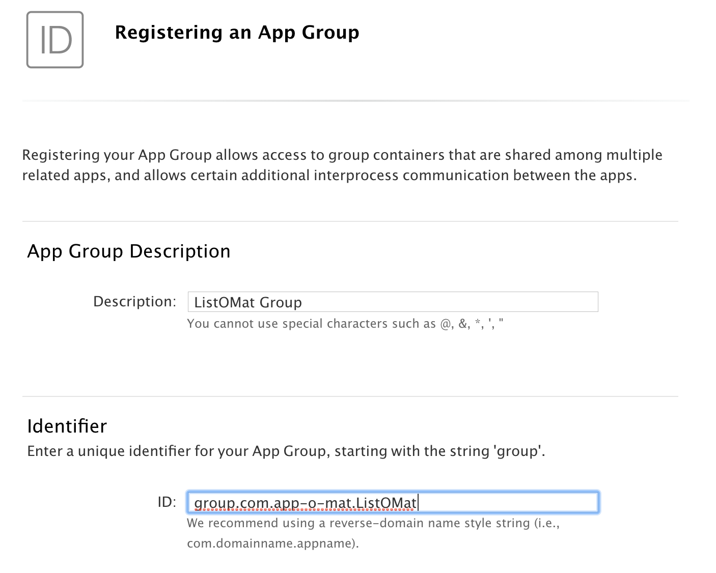 Ein Screenshot des Dialogfelds der Apple-Entwicklerwebsite zum Registrieren einer App-Gruppe