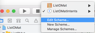 Ein Screenshot von Xcode, der zeigt, wie ein Schema bearbeitet wird