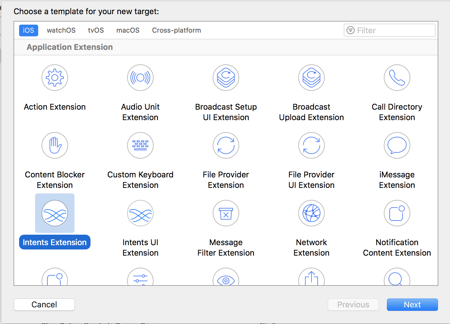 Ein Screenshot, der die Intents-Erweiterung im Dialogfeld „Neues Ziel“ in Xcode zeigt