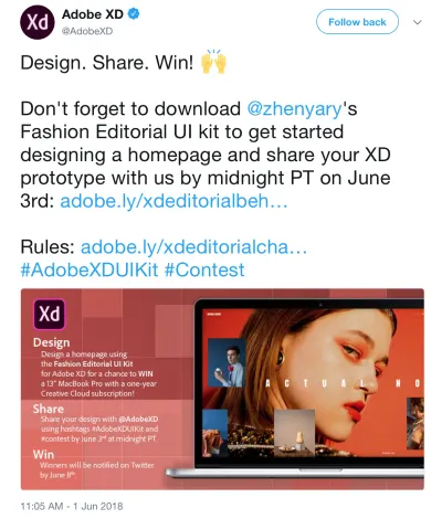 В рамках рекламной кампании Adobe XD в Twitter дизайнеры делятся своими работами с Adobe XD, используя хэш-тег #AdobeXDUIKit.