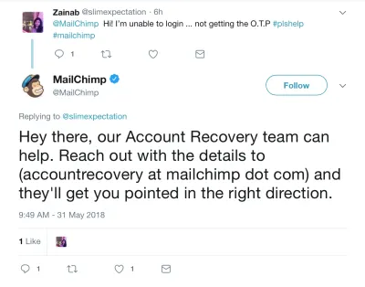 MailChimp занимается проблемами пользователей в Twitter.