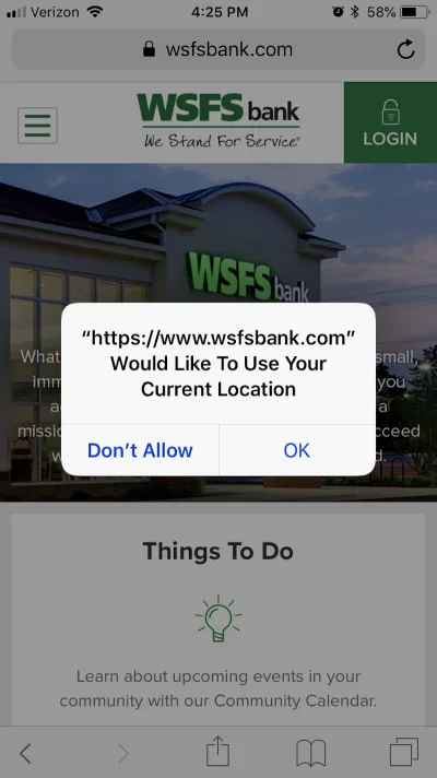 WSFS Bank вежливо просит у посетителей доступ к данным геолокации.