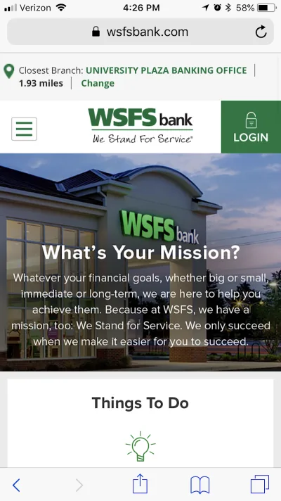 На веб-сайте WSFS Bank мобильным пользователям теперь отображается липкая верхняя панель.