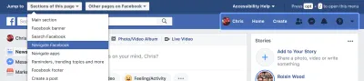 Kiedy koncentruję się na opcji „Nawiguj po Facebooku” w menu rozwijanym, odpowiednia sekcja jest podświetlona na niebiesko
