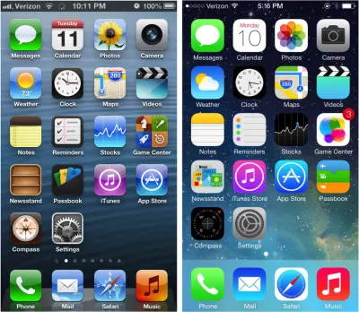 Schermata iniziale di iPhone (iOS 6 contro iOS 7).