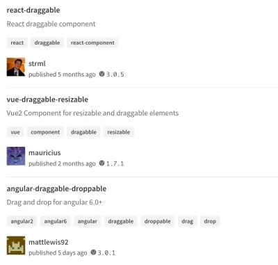特定のjavascriptフレームワーク専用に構築された同じことを行うコンポーネントを示すnpmjs.comのスクリーンショット。