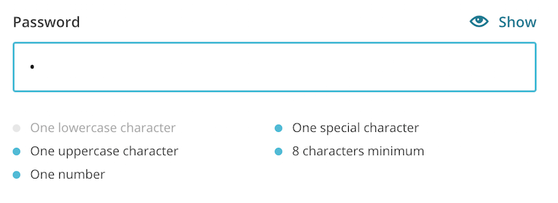 ฟิลด์รหัสผ่านของ MailChimp พร้อมคำแนะนำที่ทำเครื่องหมายว่าผู้ใช้ตรงตามข้อกำหนด