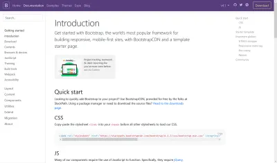 Captură de ecran a paginii de pornire a documentației Bootstrap