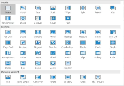 Microsoft PowerPoint содержит 48 (!) анимированных вариантов перехода между слайдами.