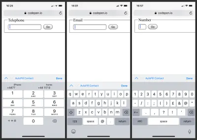 Комбинированный снимок экрана, показывающий три настраиваемые клавиатуры, предлагаемые Safari на iOS для типов полей телефона, электронной почты и номера.