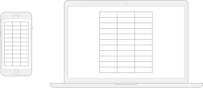 Таблица с несколькими столбцами и большим количеством строк, отображаемая на узких и широких экранах.