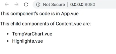 ภาพหน้าจอของเบราว์เซอร์พร้อมข้อความ “รหัสของส่วนประกอบนี้อยู่ใน App.vue องค์ประกอบย่อยของ Content.vue คือ: TempVarChart.vue, Highlights.vue”
