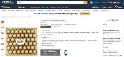 Скриншот страницы продукта шоколада Ferrero Rocher на Amazon