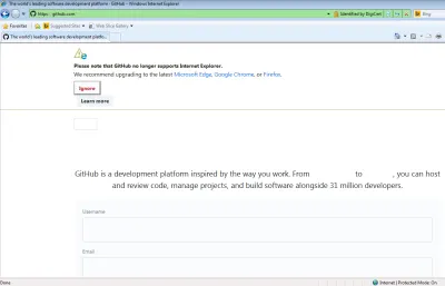 Скриншот домашней страницы GitHub с сообщением «Больше не поддерживает Internet Explorer»
