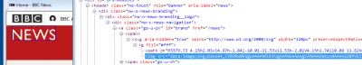 Снимок экрана: логотип IE8 BBC News с открытыми инструментами разработки