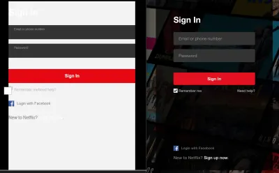 Снимок экрана со сравнением страницы входа в Netflix в Chrome и IE8. Цвета версии IE повсюду, и текст трудно прочитать