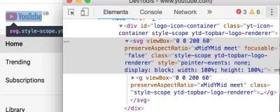 Снимок экрана: Chrome DevTools проверяет логотип YouTube