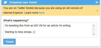 Скриншот: я пишу твит, жалуясь на отсутствие смайликов в представлении твиттера IE8.