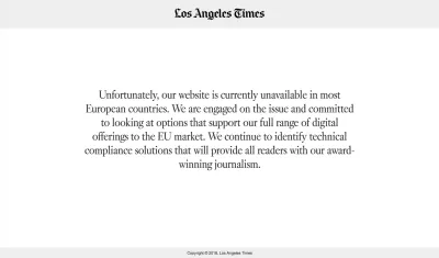 mensagem do los-angeles-times informando que o site não estava disponível na maioria dos países europeus