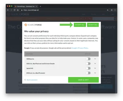 configurações de privacidade do sourceforge