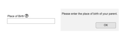 Um campo em um formulário solicitando aos usuários que insiram o local de nascimento. E passe o texto que diz: 'Por favor, digite o local de nascimento de seus pais.'