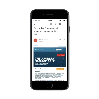 Gmail mobil uygulamasında Amtrak e-postası