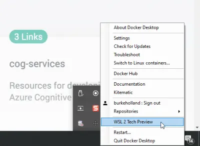 Опция WSL2 Tech Preview в контекстном меню Docker Daemon