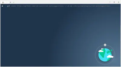 Терминал, показывающий автопредложения zsh, автоматически завершающие команду git clone