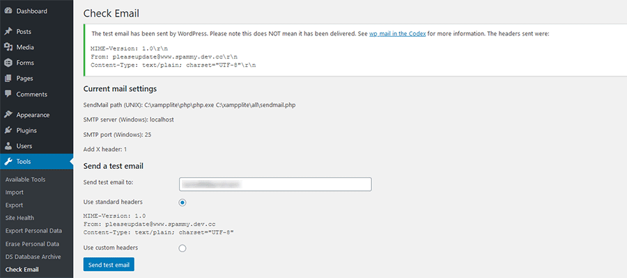 Tela do plug-in de verificação de e-mail do WordPress.