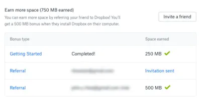 Dropbox предлагает дополнительные 250 МБ пространства для каждого друга, которого вы присоедините к их службе.