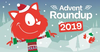 Иллюстрация с надписью «Advent Roundup 2019»: слева Smashing Cat в ярком рождественском свитере и красной шапочке, а слева летит счастливая птичка в зеленой шапочке.