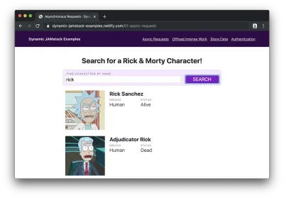 Formulaire de recherche rempli de "rick" avec des personnages nommés "Rick" affichés ci-dessous.