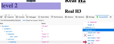 Снимок экрана инспектора специальных возможностей Firefox, выбирающего вложенный элемент h1