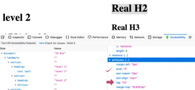 Скриншот инспектора доступности Firefox, выбирающего настоящий элемент h2